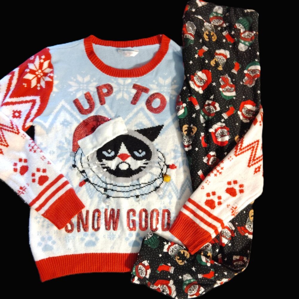 LOT OF CHRISTMAS CLOTHES TOP & LEGGINGS CAT UGLY SWEATER OUTFIT~WOMENS SIZE L